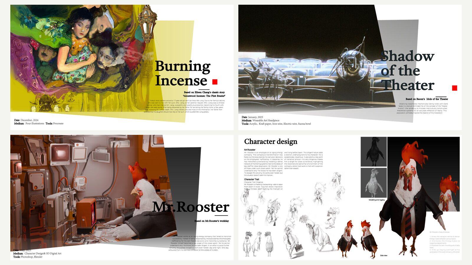 Four pages from my portfolio, including Burning Incense and Mr. Rooster